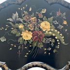 Large antique black scalloped tole tray, hand-painted pansies & lily of the valley, signed Francis Martin, 29″ × 24″, collectible French decorative art.