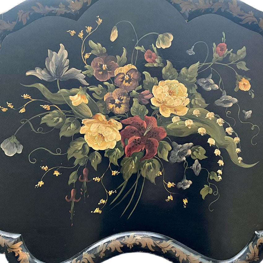 Large Black Scalloped Tole Tray with Hand Painted Pansies & Lily of the Valley