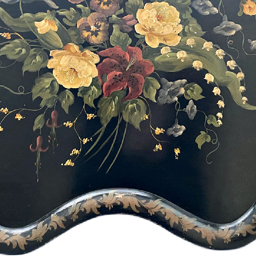 Large Black Scalloped Tole Tray with Hand Painted Pansies & Lily of the Valley