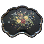 vintage hand painted tole tray black ground floral roses pansies lily of the valley
