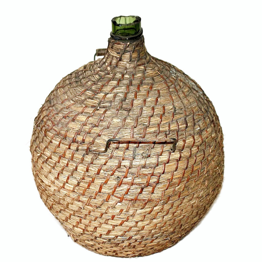 Shop this large antique 19th Century French hand-blown glass carboy (Dame Jeanne). Original wicker-clad vessel for elegant French Country farmhouse decor.