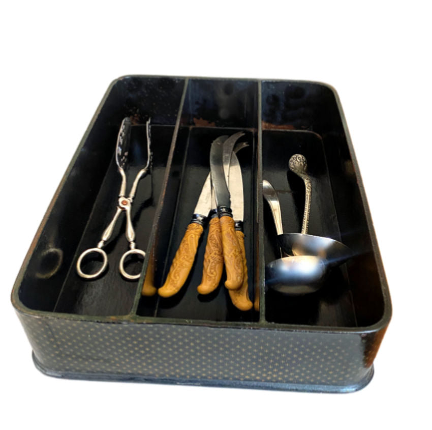 Napoleon III, 19th century, French cutlery tray, papier-mâché, black and gold, large tray, painted stars, three compartments, decorative tray, antique tableware, collectible, luxury antique, French antiques, dining decor