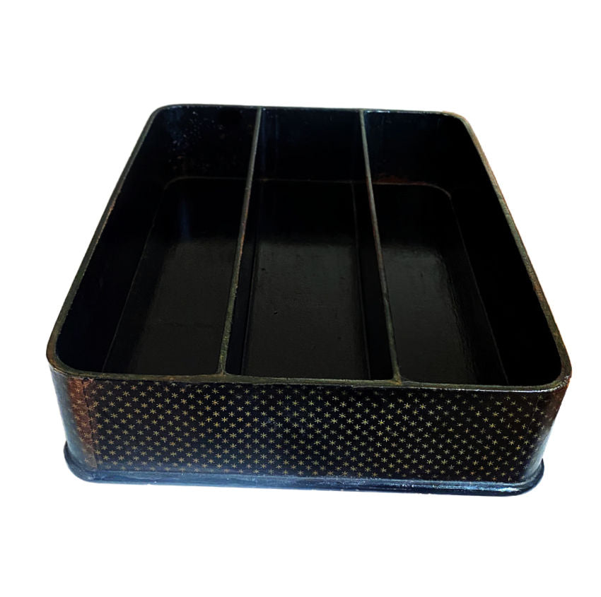 Large Napoleon III black papier-mâché cutlery tray with three compartments and painted gold stars. Elegant 19th-century French antique, functional and decorative.