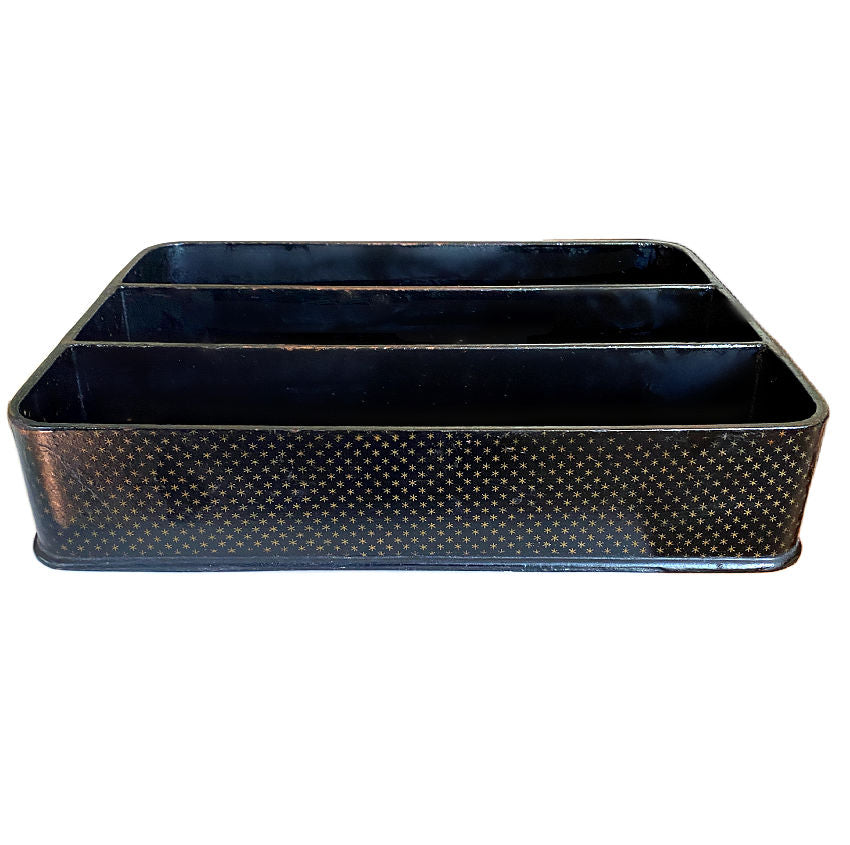Large Napoleon III black papier-mâché cutlery tray with three compartments and painted gold stars. Elegant 19th-century French antique, functional and decorative.