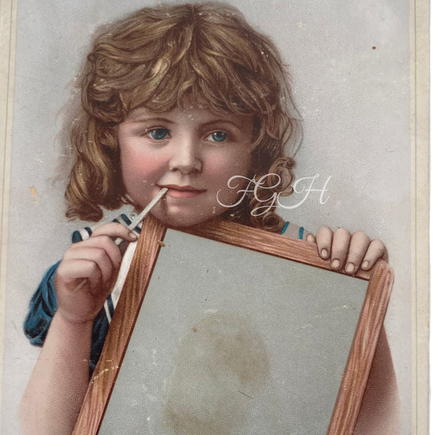 Large Antique 1800's Advertising 'Blank" Card School Girl with Blank Slate