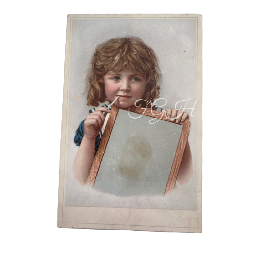 Large Antique 1800's Advertising 'Blank" Card School Girl with Blank Slate