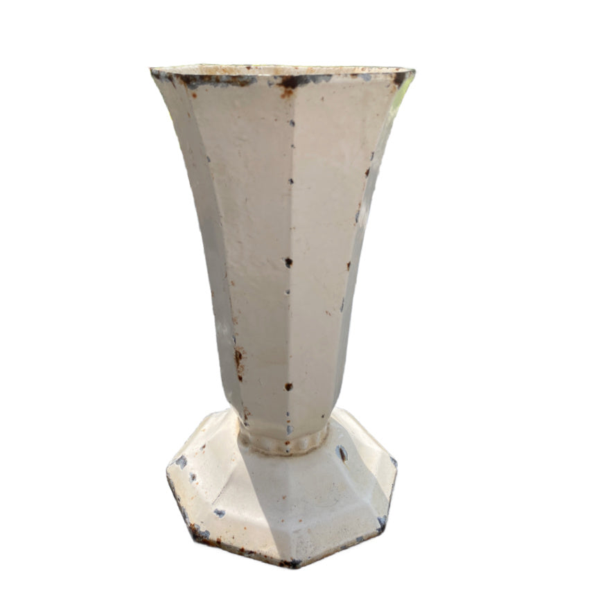 Antique French Art Deco memorial vase urn, elegant ironwork and soft cream enamel finish