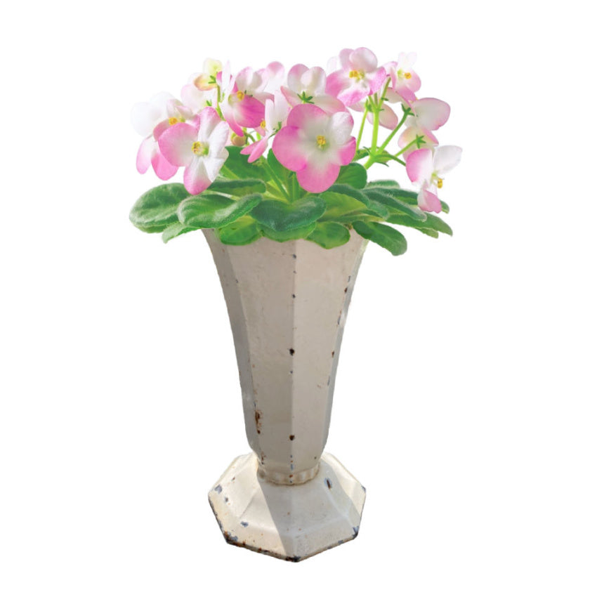 Decorative French cast iron urn with cream enamel, large collectible vase-sized piece with pink flowers