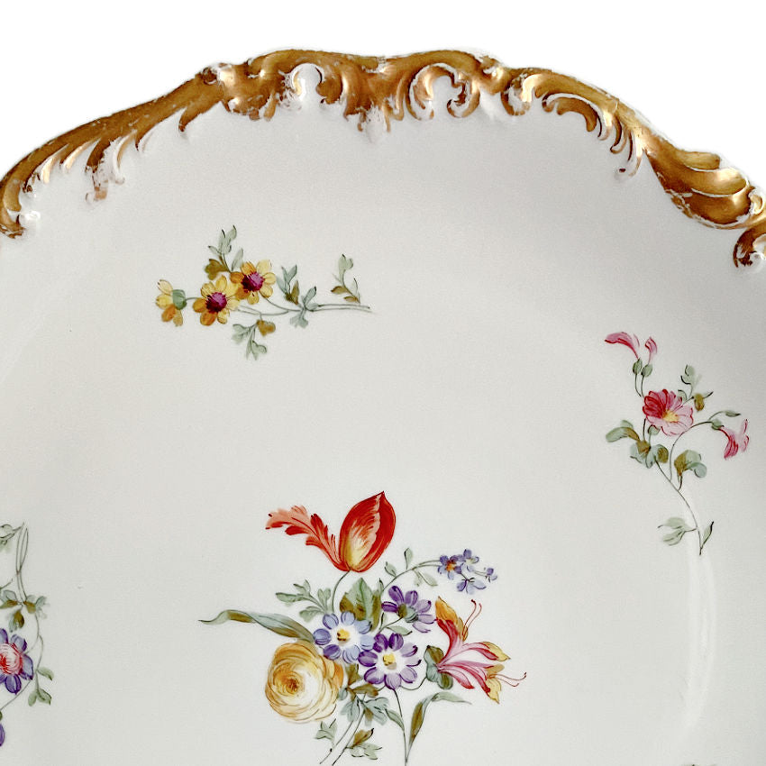 Hand Painted Floral Limoges oversized tray with gilt scalloped rim.