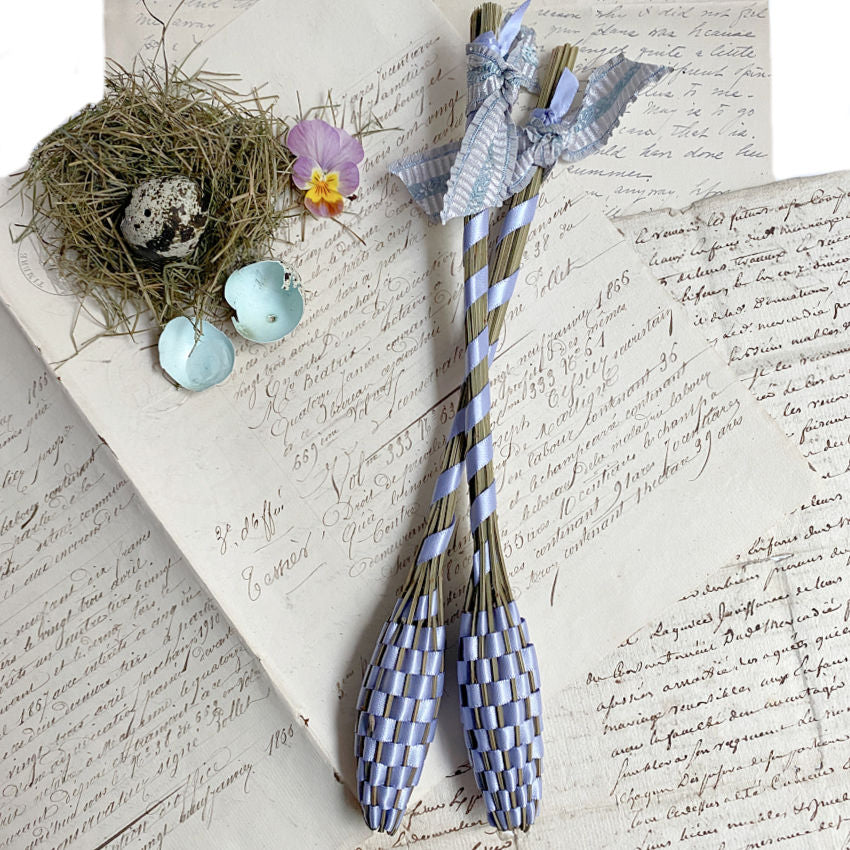 French lavender sachet wands for linens and drawers on antique French letters with a birds nest and pansy.