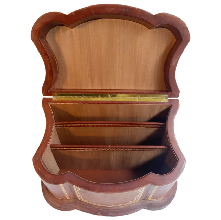 Large vintage Scuola del Cuoio Firenze leather letter box with lid, 22kt gold tooling. Handcrafted Florentine artistry from the historic postwar leather school.