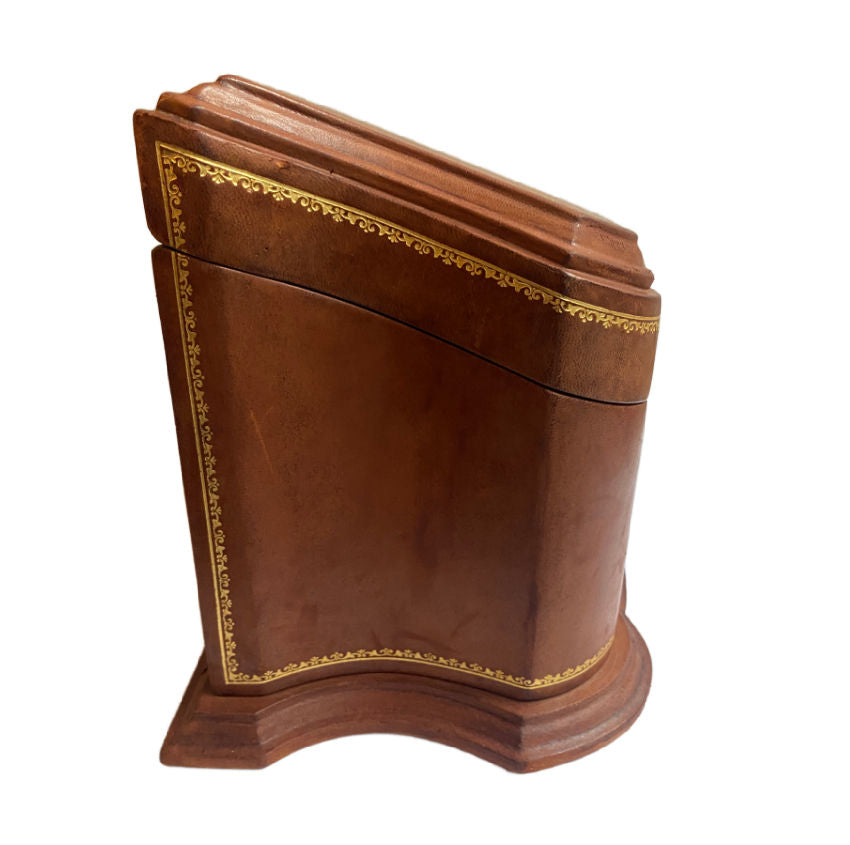 Scuola del Cuoio, Florentine leather, Italian leather, large leather box, leather letter box with lid, 22kt gold tooling, gold tooled leather, vintage desk accessory, Florence craftsmanship, luxury office decor, collectible leather