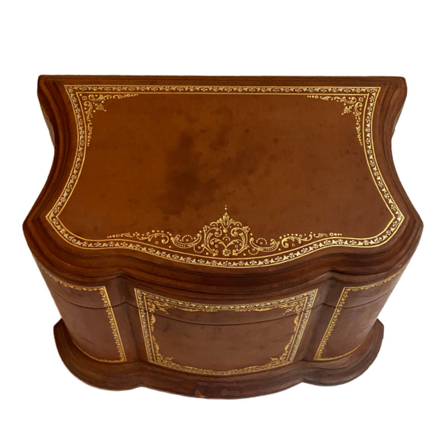 Large vintage Scuola del Cuoio Firenze leather letter box with lid, 22kt gold tooling. Handcrafted Florentine artistry from the historic postwar leather school.