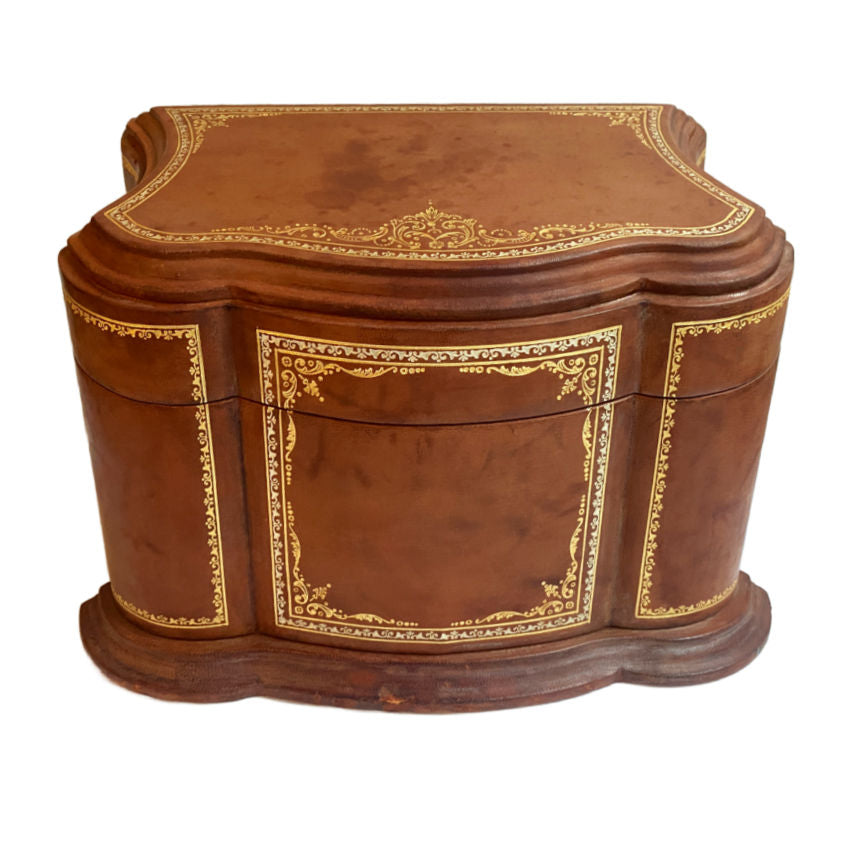 Large vintage Scuola del Cuoio Firenze leather letter box with lid, 22kt gold tooling. Handcrafted Florentine artistry from the historic postwar leather school.