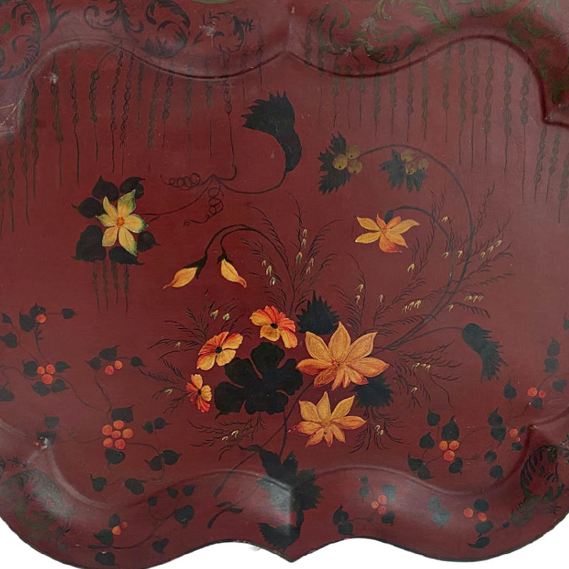 Large hand painted red tole tray with flowers showing details