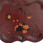 Large hand painted red tole tray with flowers showing details