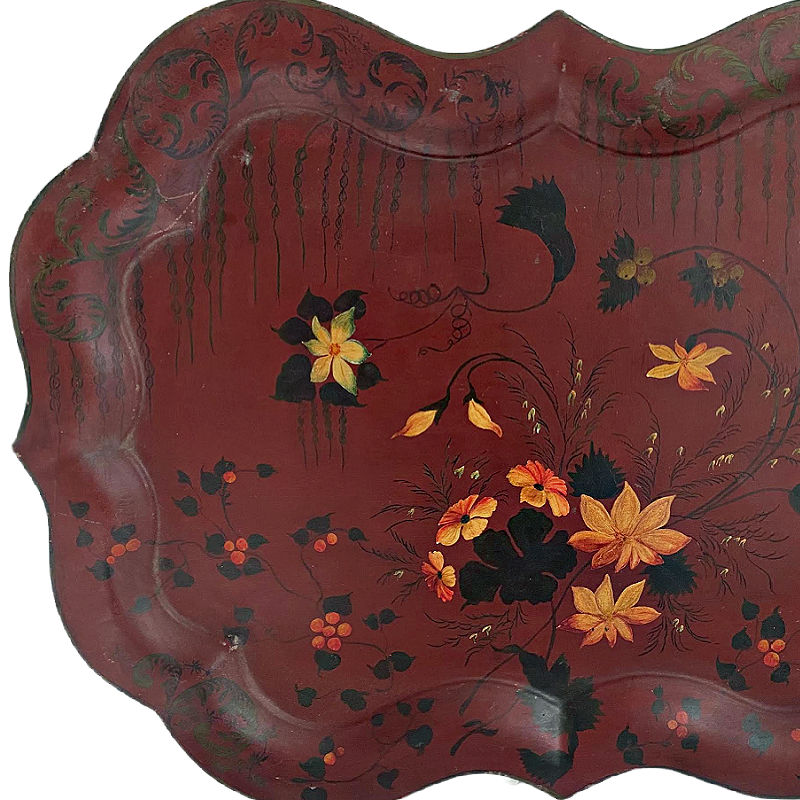 19th Century Floral large toleware tray in red