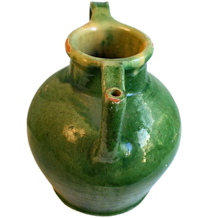 Large Antique French Cruche Orjol or Water Jug with Rare Green Glaze