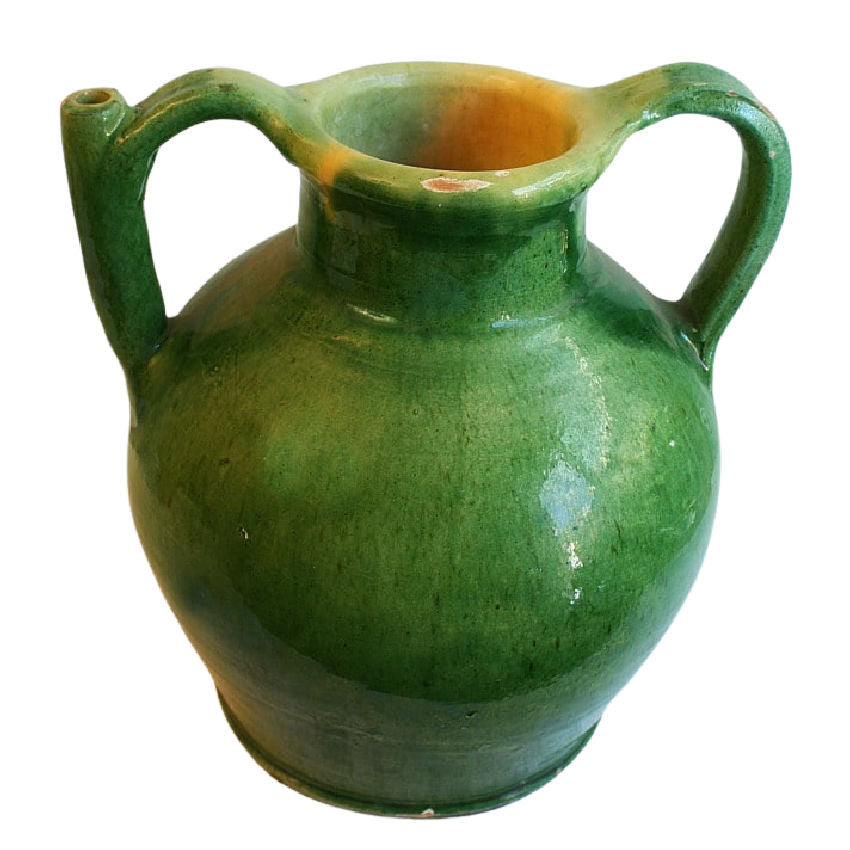 Large Antique French Cruche Orjol or Water Jug with Rare Green Glaze