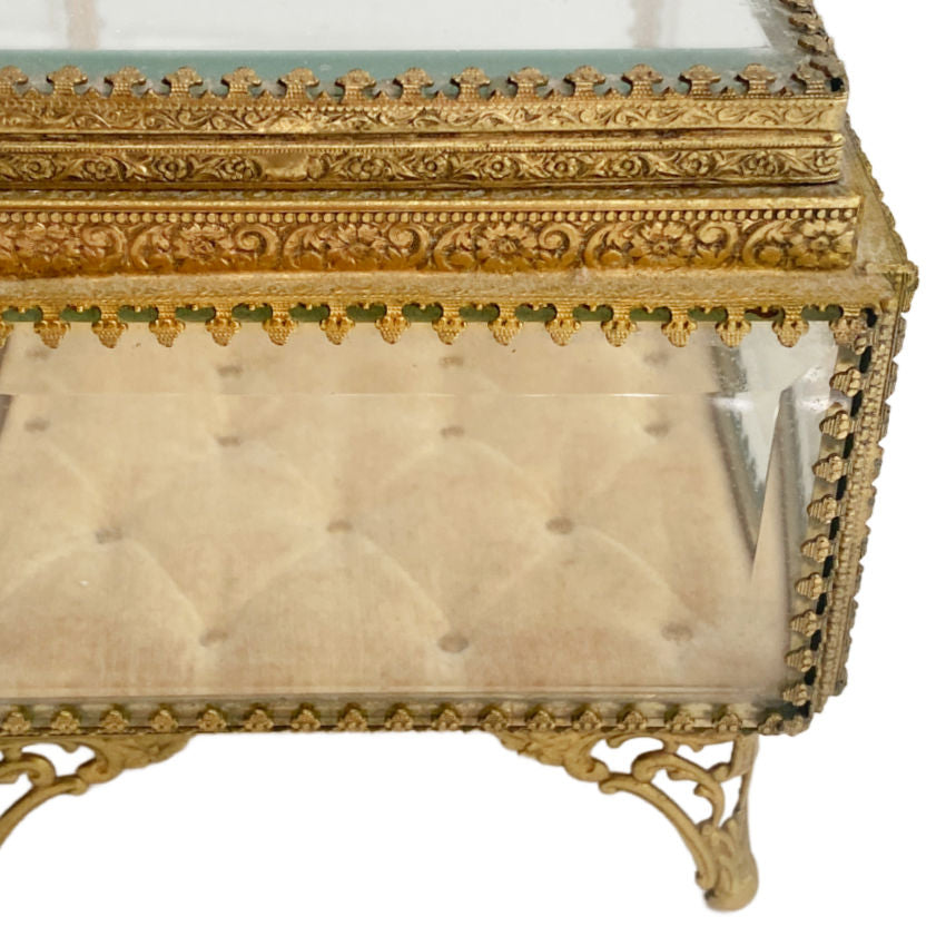 French Beveled Glass Gold Filigree Jewelry Casket