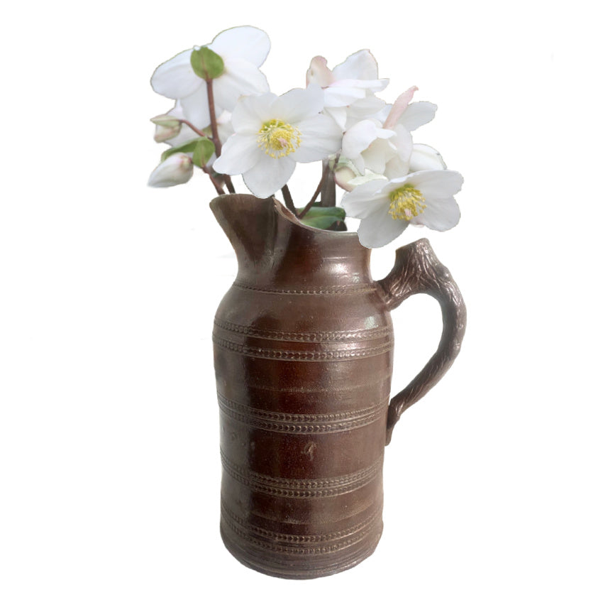 Large Antique French Pottery Wine Pitcher with Twig Handle