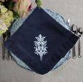 Large Navy Blue Linen Royal Crest Ruffled Napkin
