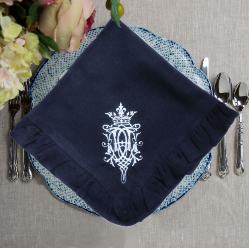 Large Navy Blue Linen Royal Crest Ruffled Napkin
