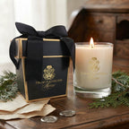 Les Bois FrenchGardenHouse candle with signature gift box displayed on an antique wood desk