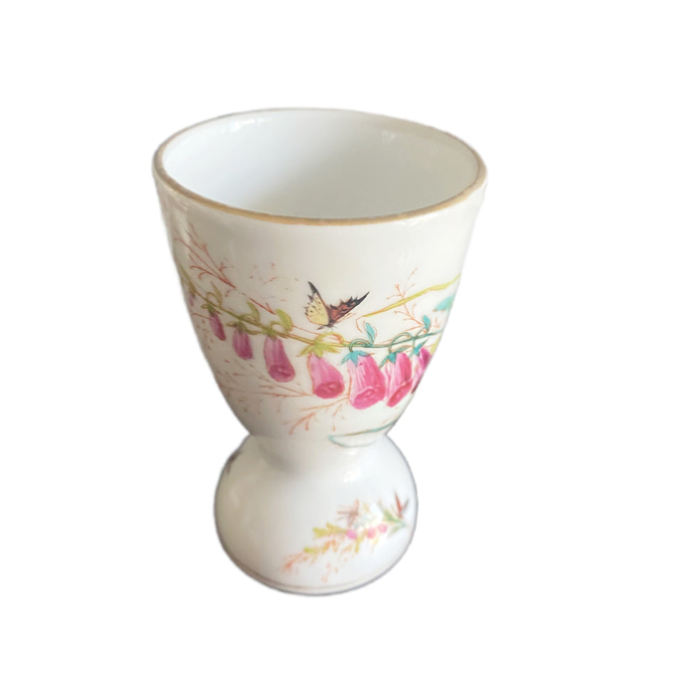 Antique Limoges hand painted egg cup with bird and butterflies foxglove