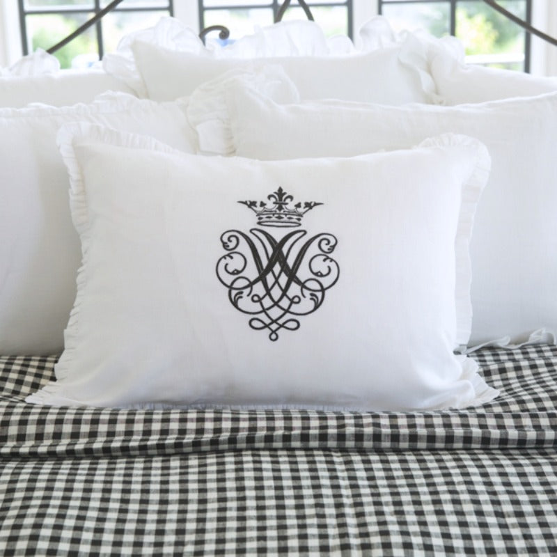 Luxury Linen Embroidered White Pillow Sham with Black Set of 2