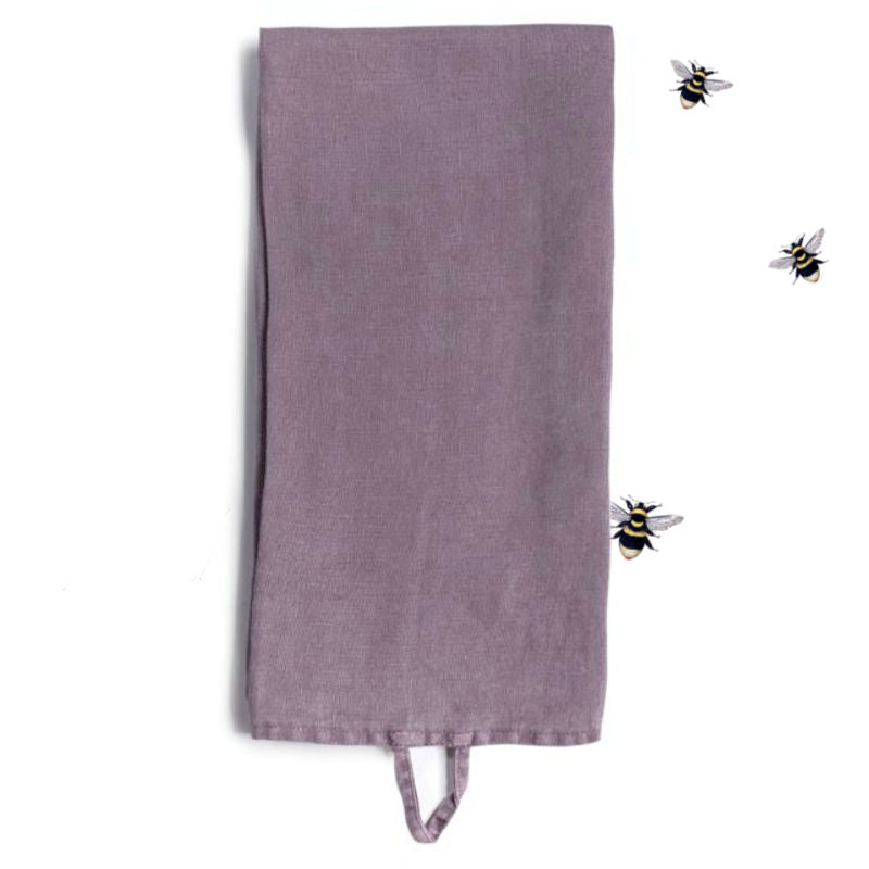 Provence lavender organic linen kitchen towel with hanging loop detail