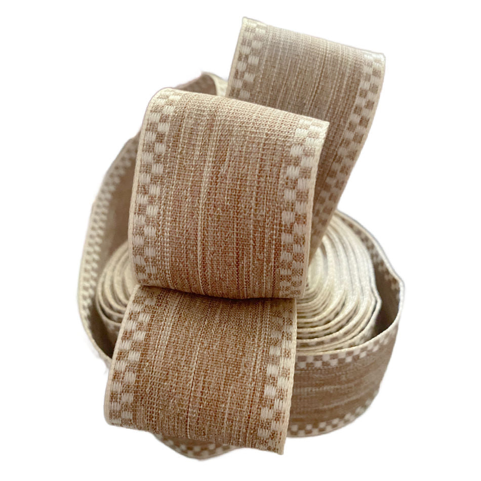 Flax Stripe & Check French Wired Ribbon