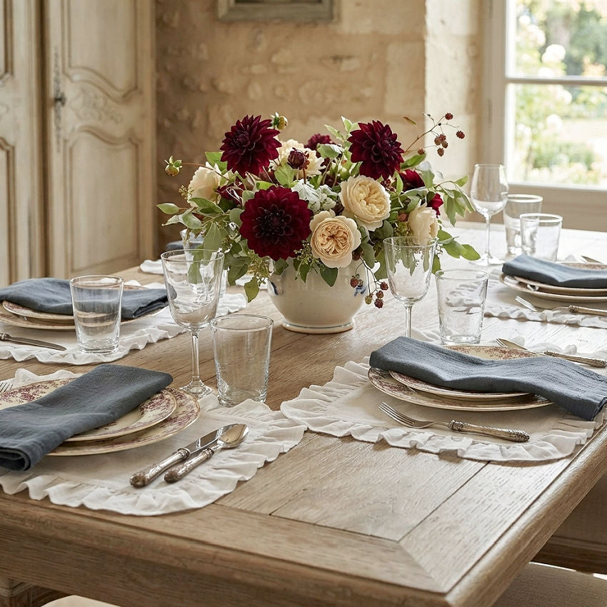 Lily ruffled linen placemat with antique French tableware