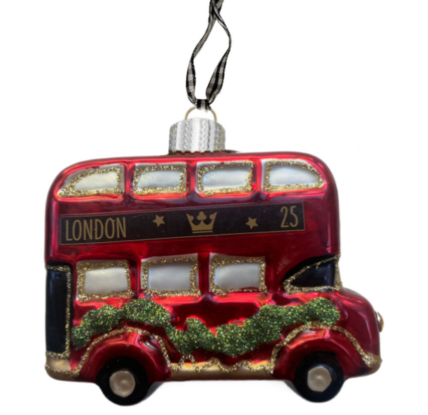 London Double Decker Bus Glitterred Glass Ornament
