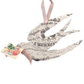 Decorative vintage-inspired birds from antique European ephemera, printed on sturdy card stock, with rose-tag detail & ribbon—small slit in the beak for a paper strip with name/scripture. 