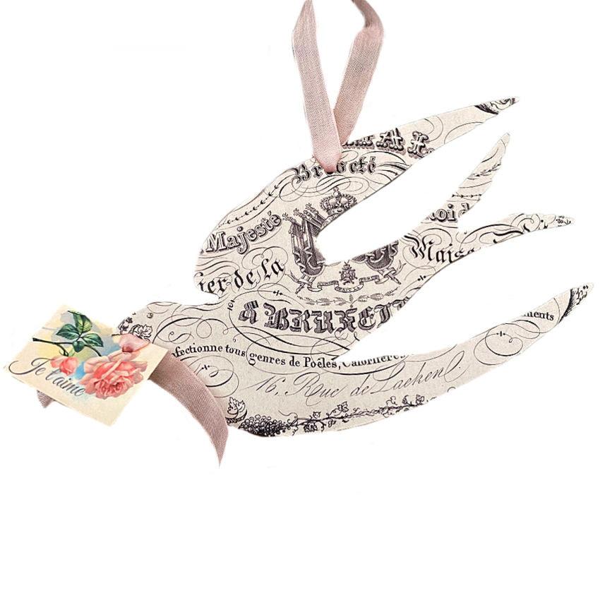 Decorative vintage-inspired birds from antique European ephemera, printed on sturdy card stock, with rose-tag detail & ribbon—small slit in the beak for a paper strip with name/scripture. 