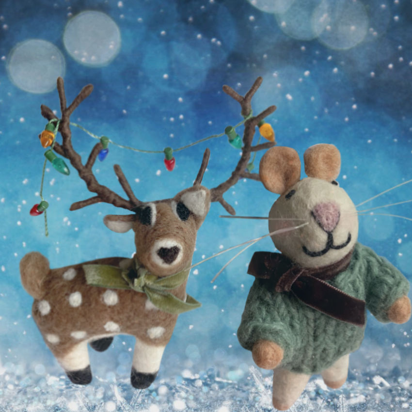 Felt mouse and deer ornaments with a garland 
for the Christmas tree, high quality