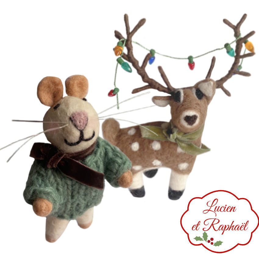 Felt mouse and deer ornaments with a garland 
for the Christmas tree, high quality