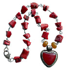 Statement necklace with gorgeous bamboo coral, in a luscious deep red. Local folklore says coral attracts love and prosperity. Hand made USA.