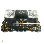 Napoleon III papier mâché inkwell stand with hand-painted florals, mother of pearl inlay, open glass inkwells, and original pen, circa 1870.