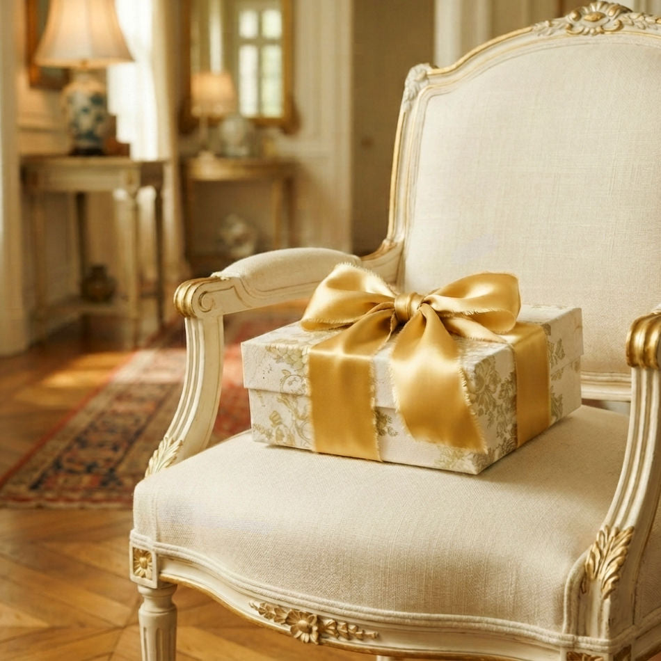 Luxurious silk ribbon in Lumière Dorée - a golden yellow color, around a wrapped gift on an antique french bergere chair in the hallway