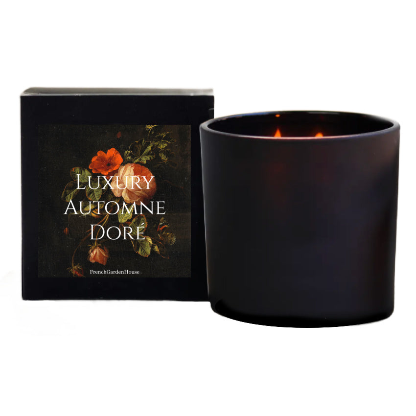 Autumn candle in designer black glass with ribbon gift