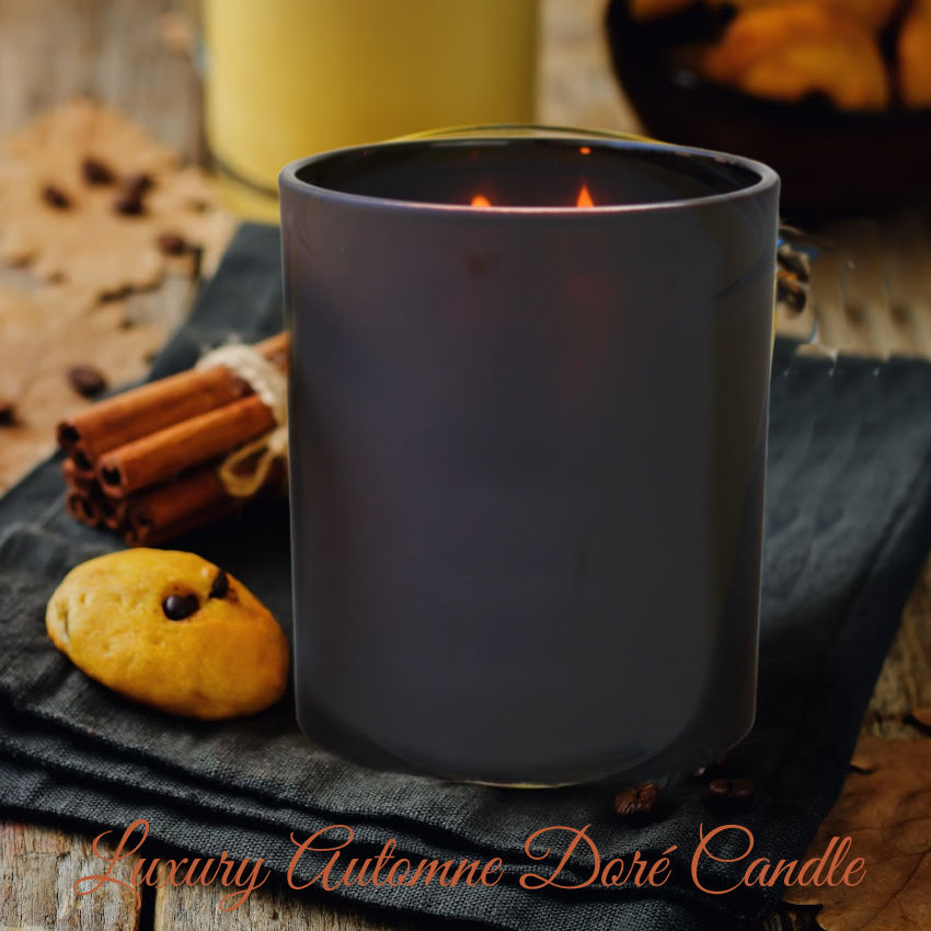 Autumn candle in designer black glass with ribbon gift