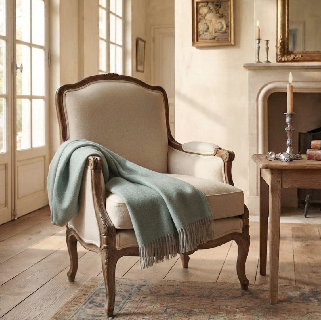 Classic Celadon Mist alpaca throw in collected French country interior