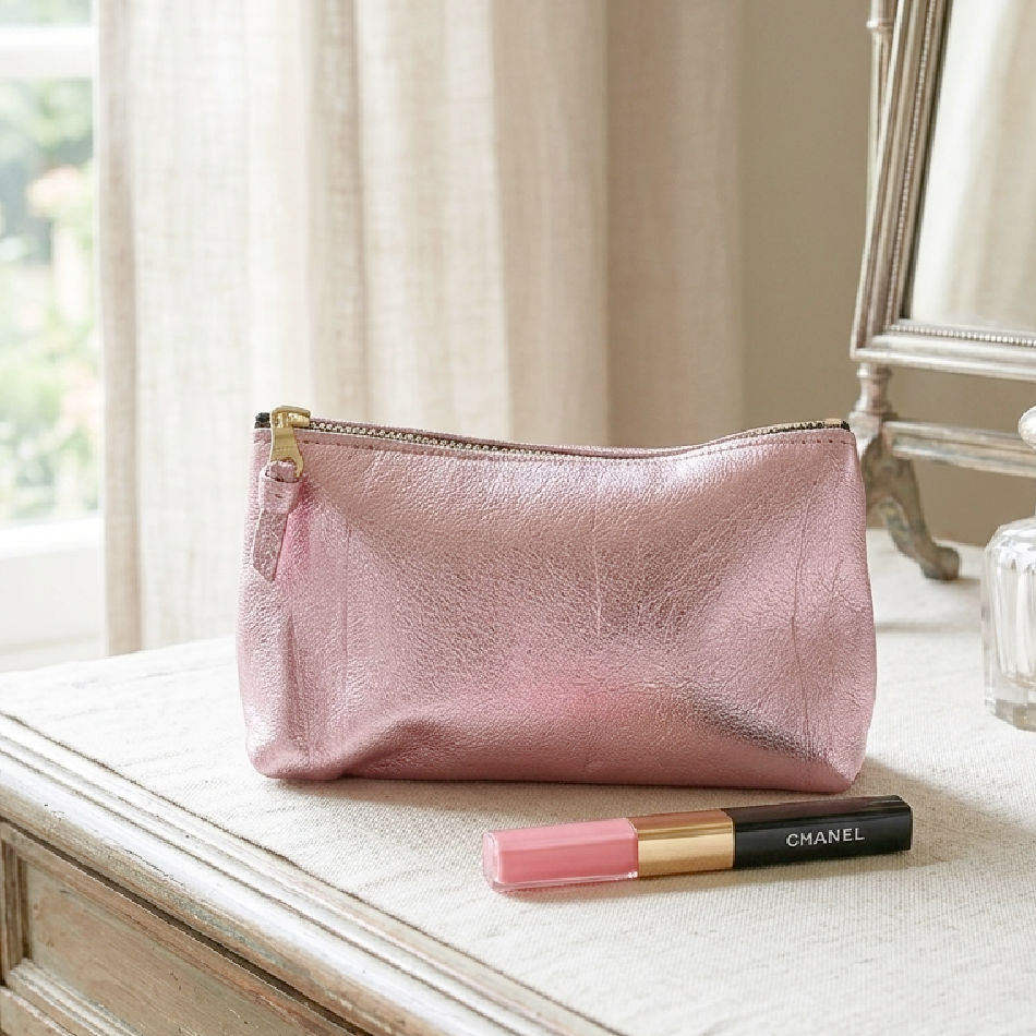 Brigitte metallic pink leather make-up bag 