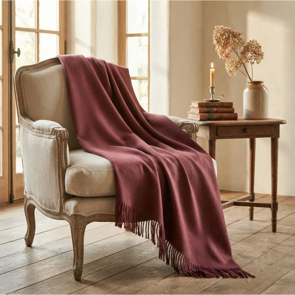 Handwoven baby alpaca throw draped over antique French fauteuil