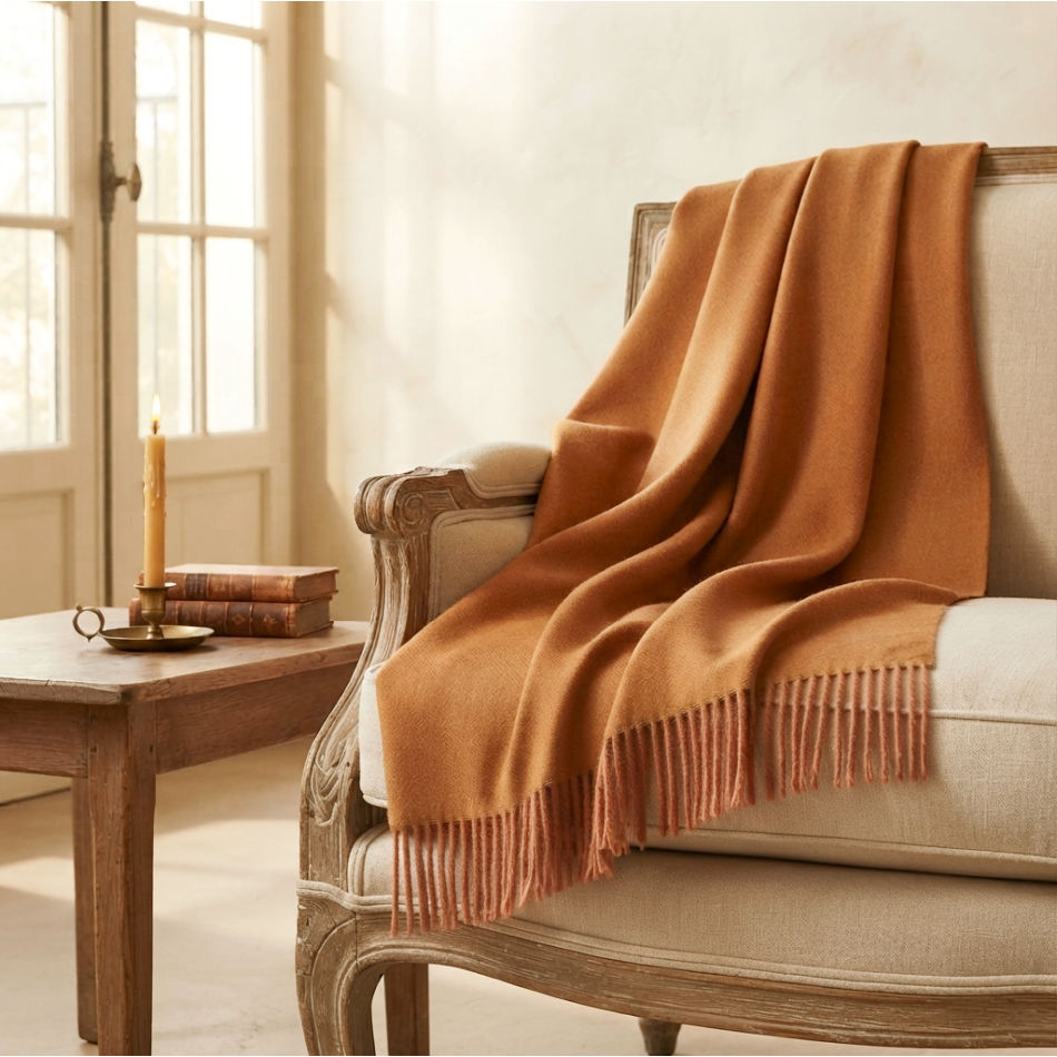 Handwoven baby alpaca throw draped over antique French fauteuil in warm ember autumn