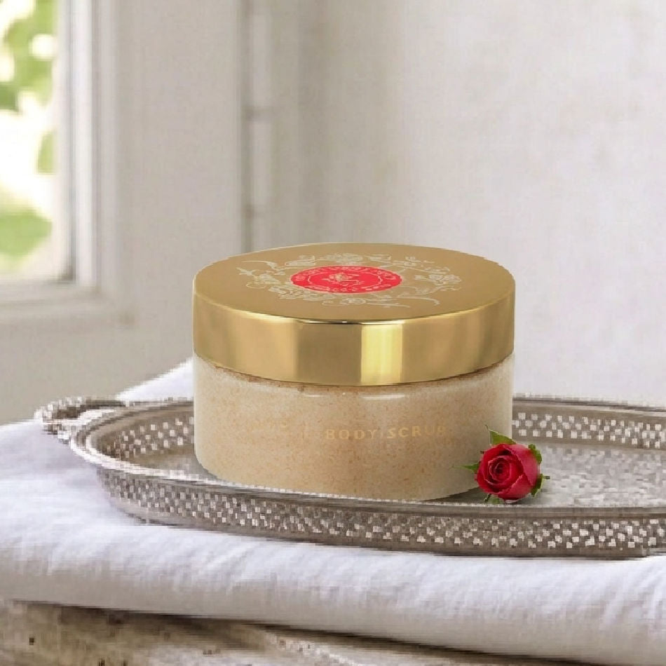 French Rose Sugar Body Scrub by Shelley Kyle styled on antique silver tray by FrenchGardenhouse.com