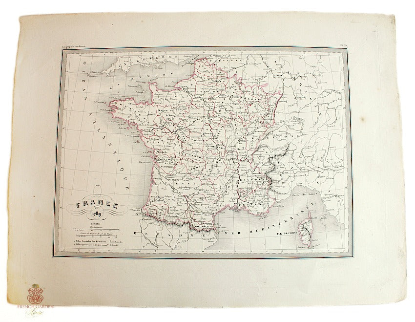 Antique Engraved Hand Colored Map of France 1789