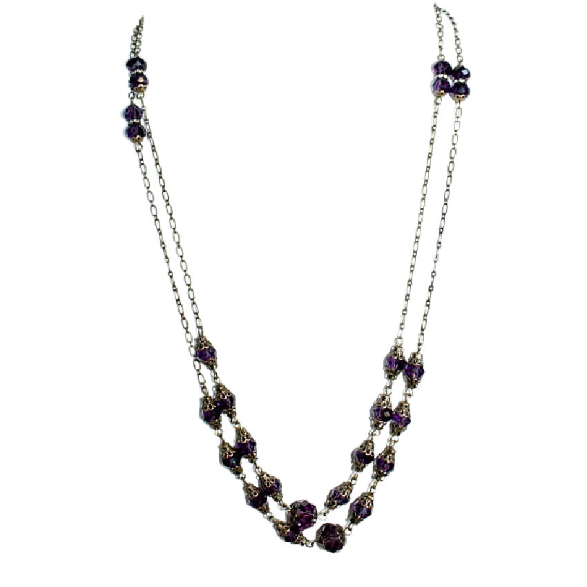 Artist-made Marais Duchess layering necklace with vibrant purple amethyst crystals, Swarovski accents, and antiqued floral end-caps – unique artisan jewelry.